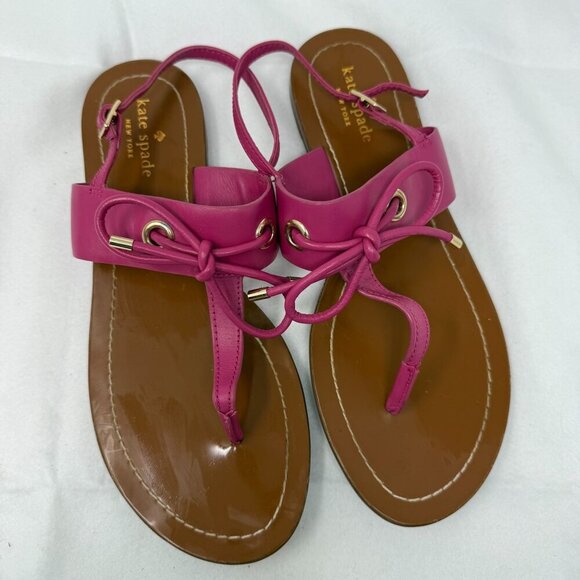 Kate Spade Womens Pink T-Strap Leather Sandals Bow Accent Gold Hardware Size 9 - Picture 4 of 7